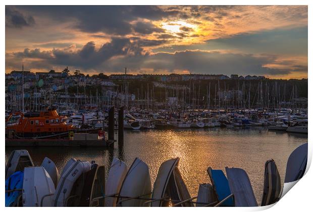 Brixham harbour RNLI lifeboat sunset Print by Steve Mantell