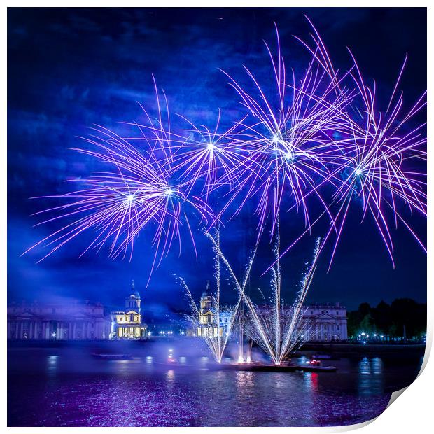 Fireworks on the Thames at Greenwich Print by Simon Belcher