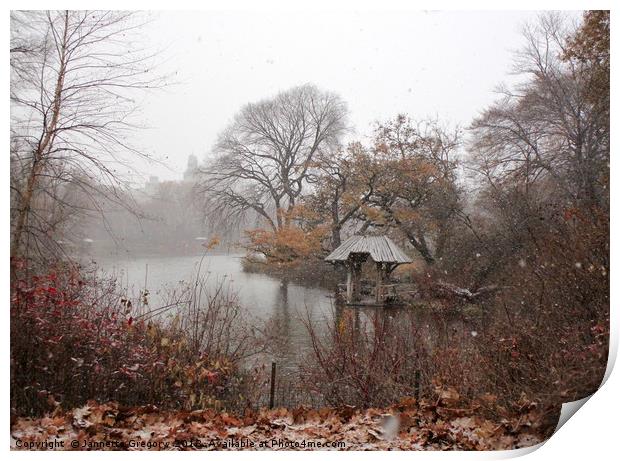 Snowy morning in Central Park Print by Jannette Gregory