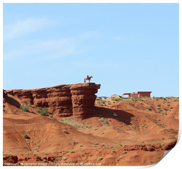 Lone cowboy in Monument Valley Print by Jannette Gregory