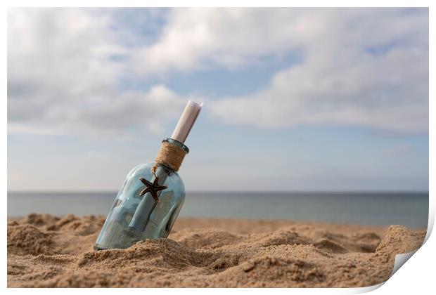 Message in a bottle on the sand Print by Anthony Hart