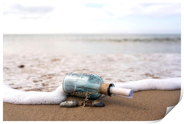 Message in a bottle in the surf Print by Anthony Hart
