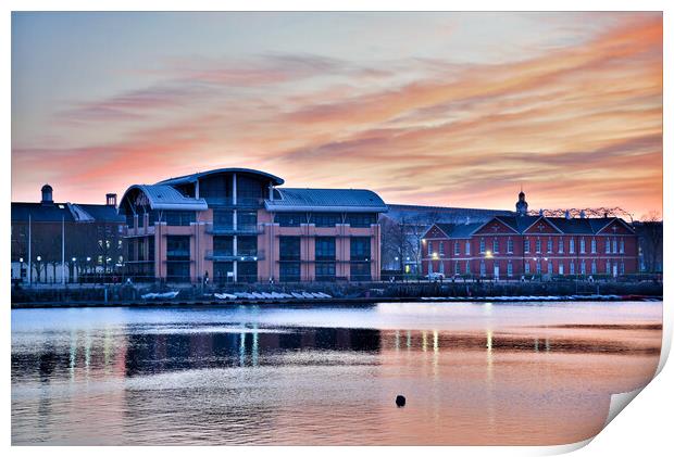 Winter sunset over Bose headquaters uk and Quayside house St Mar Print by stuart bingham