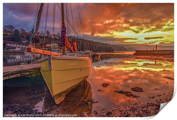 Fiery Sunset over a Cornish Shrimper Print by Ian Stone