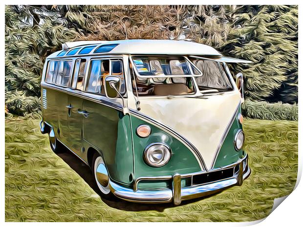 Vintage Camper Van in a Lush Green Landscape Print by Kevin Maughan