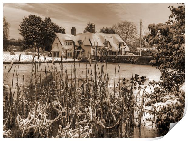 The old English cottage in winters Snow - Sepia Ve Print by Philip Brown