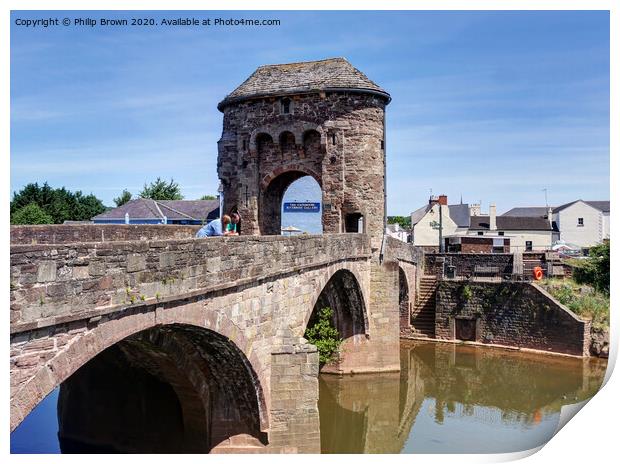 Monmouth 13th Century Bridge and Gate, Wales - Colour Version Print by Philip Brown