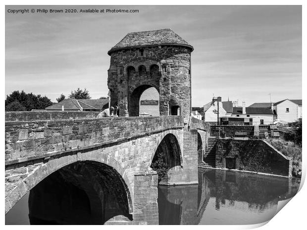 Monmouth 13th Century Bridge and Gate, Wales - Bla Print by Philip Brown
