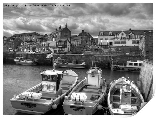 Seahouses Harbour and Boats, Northumberland, B&W Print by Philip Brown