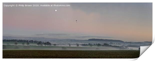 Misty Landscape with Hang Glider and Moon_Panorama Print by Philip Brown