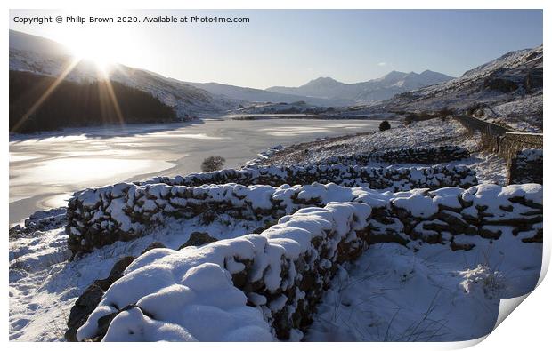 Wales in Winters Snow looking towards Mt Snowdon Print by Philip Brown