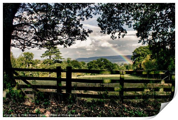 Rainbow over the fence & through the trees Print by Philip Brown