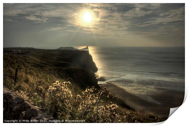 Sun setting across Worms Head, Rhosilli, The Gower Print by Philip Brown