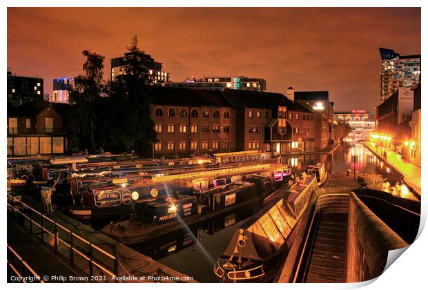 Birmingham Canals at Night, UK - 001 Print by Philip Brown