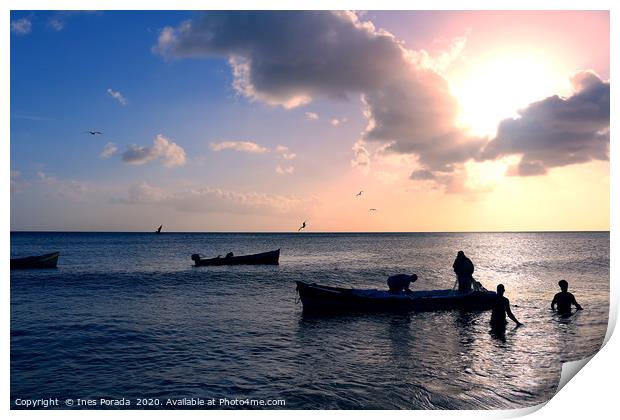 Caribbean fishermen at sunset Print by Ines Porada