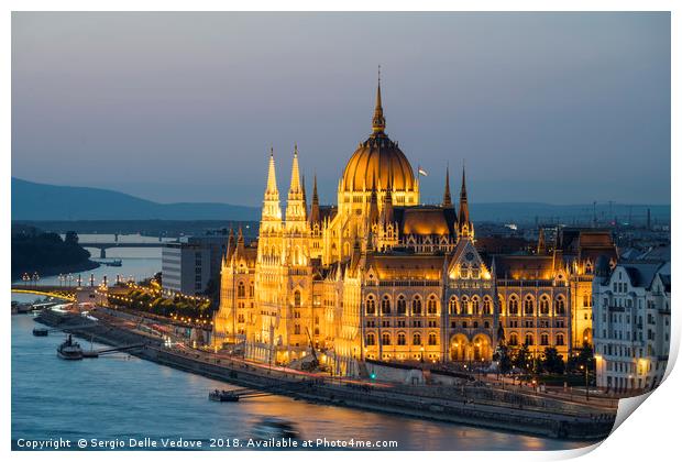 Parliament building at sunset in Budapest. Print by Sergio Delle Vedove