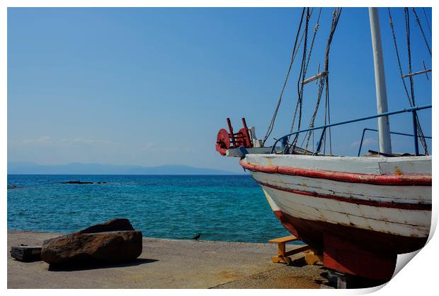 Old Fishing Boat in Aegina Harbour Print by Cassi Moghan
