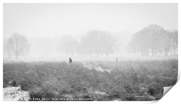Solitary figure wanders through snow storm Print by Chris Rabe
