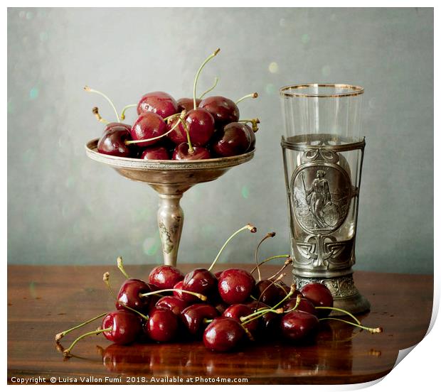Still life, red cherries on a silver plate and an  Print by Luisa Vallon Fumi