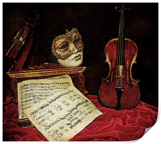 Venice in still life: Venetian mask, violin and mu Print by Luisa Vallon Fumi