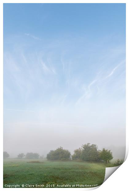 Whimsical foggy pasture and surprising blue sky Print by Claire Smith