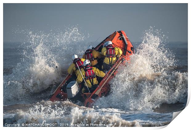 To the rescue - an RNLI inshore lifeboat launches  Print by WATCHANDSHOOT 