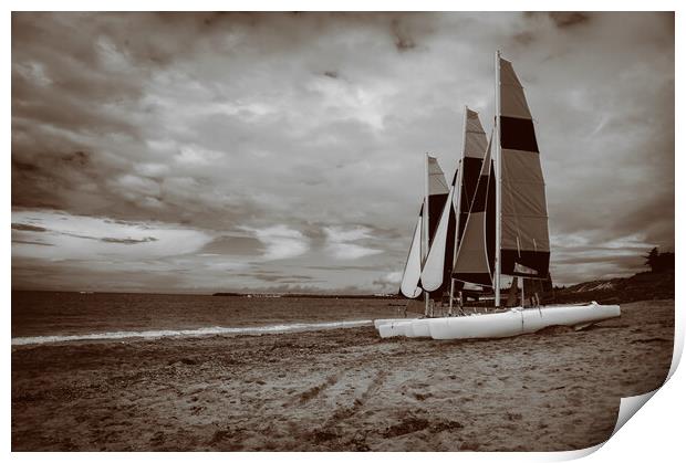 sailing boats on the beach in sepia Print by youri Mahieu
