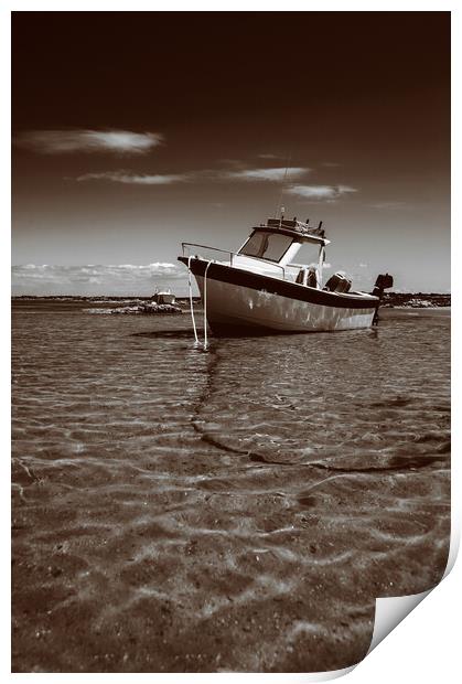 White boat on sand in sepia Print by youri Mahieu