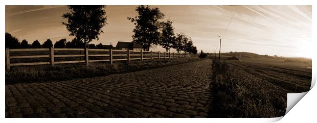 paving sett road in autumnal sunlight in sepia Print by youri Mahieu