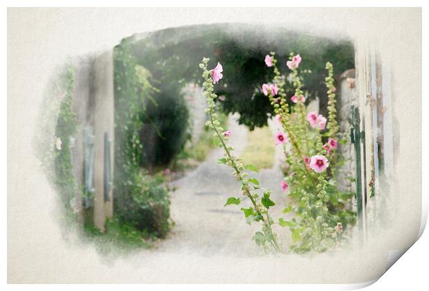 small alley with hollyhock in watercolor Print by youri Mahieu