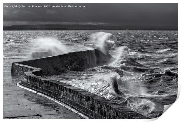 Huge waves break over Burghead pier during sea storm on the Moray Firth. Print by Tom McPherson