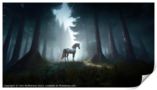 Mythical Unicorn in Forest  Print by Tom McPherson