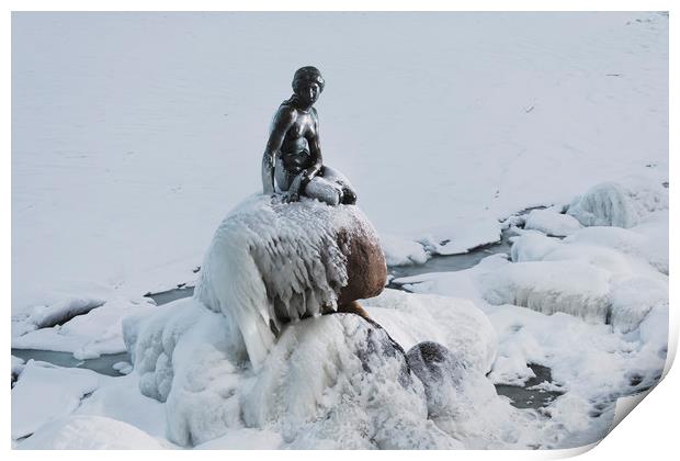 Frozen canal near statue of The Little Mermaid in  Print by Dalius Baranauskas
