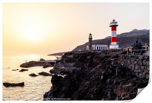 Sunset on the volcanic coast at Fuencaliente Lighthouse in La Palma Print by Juan Jimenez