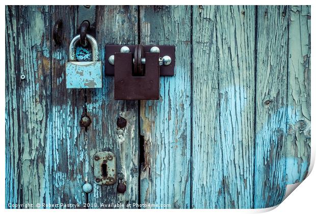 Two locks on old wooden garage door, peeling paint Print by Robert Pastryk