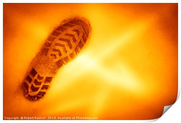 Human shoe print in the snow. On Mars, Red Planet. Print by Robert Pastryk