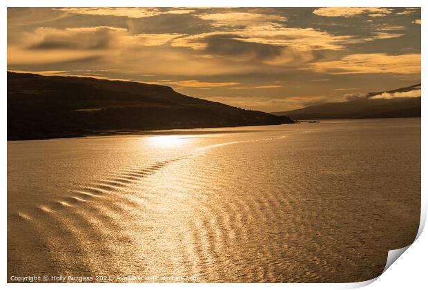 Sunsetting over the mountions, Sailing through the loch of Mull Scotland  Print by Holly Burgess