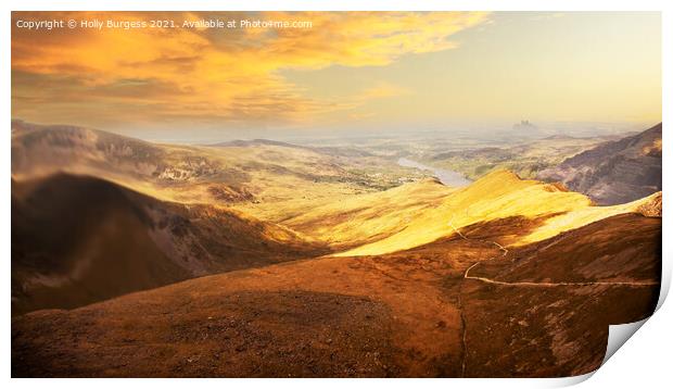 Mt Snowdon with yellow sunset over the Mountain north Wales  Print by Holly Burgess