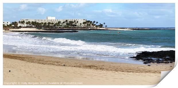 Lanzarote beach with hotel in the back ground  Print by Holly Burgess