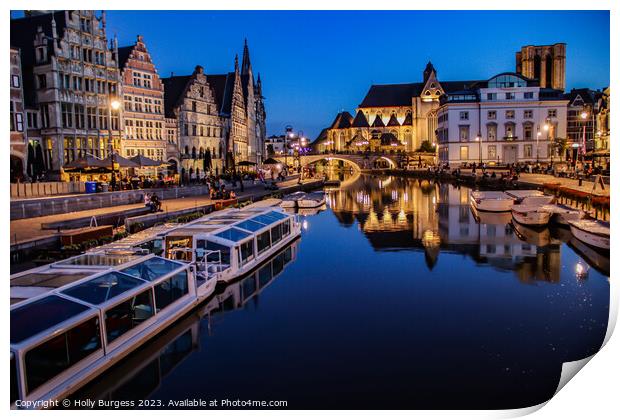 Ghent at night on two rivers that join Leie & Scheldt Rivers  Print by Holly Burgess