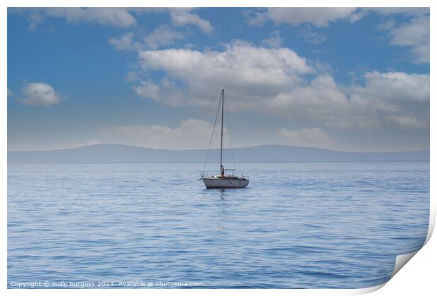 One lonely yacht on the carm sea of Split, a town in Crosia, mountions in the back ground  Print by Holly Burgess