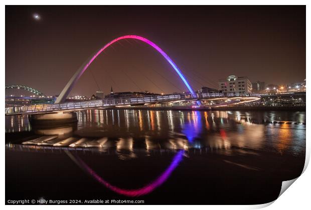Millennium Bridge lit up at night Newcastle Quay side  Print by Holly Burgess