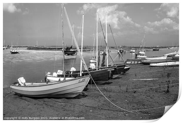 Burnham Norfolk Coast Fishing boats ready for the next sail black and white  Print by Holly Burgess