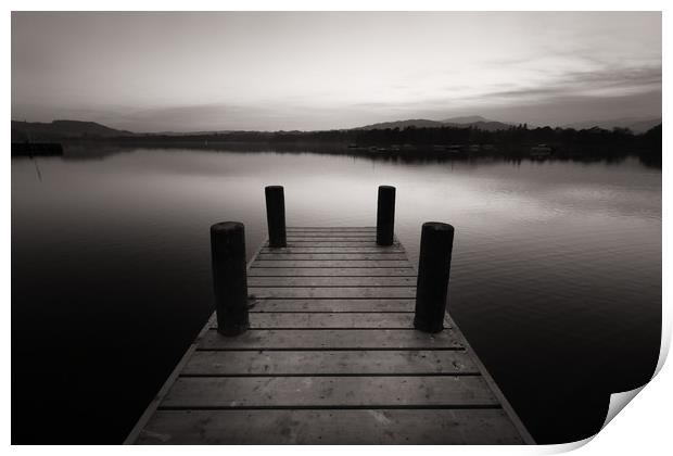 Wooden pier and lake Windermere Print by Jonathan Tallon