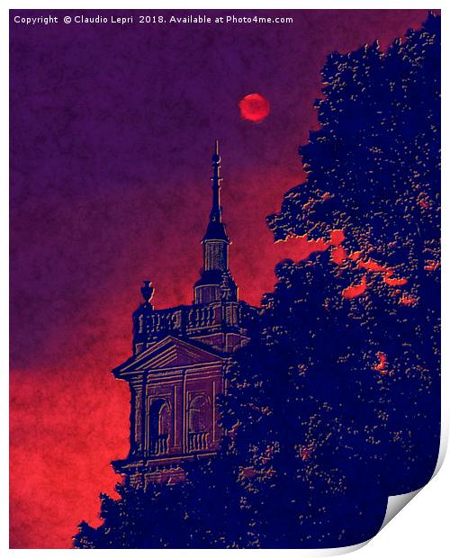 Red Moon with Spire. Vision of the red moon night Print by Claudio Lepri