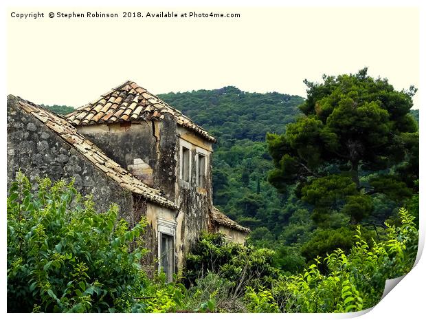 Derelict stone building with a wooded hillside Print by Stephen Robinson