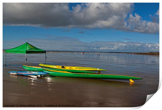 Surf canoe on Rest Bay Porthcawl, West Glamorgan, Wales Print by Jenny Hibbert