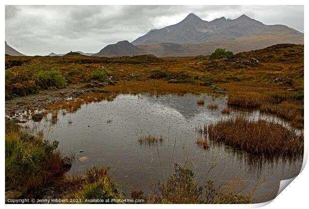Pond next to Sligachan bridge with the Cuillin mountains in the distance Print by Jenny Hibbert