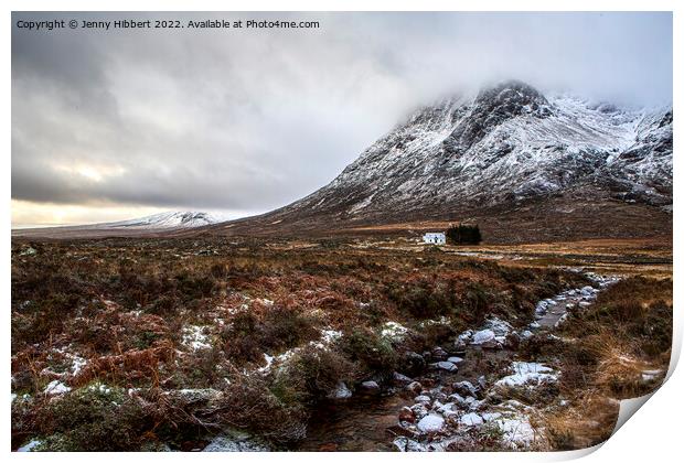 Buachaille Etive Mor with Lagangarbh Cottage in front Glencoe Print by Jenny Hibbert