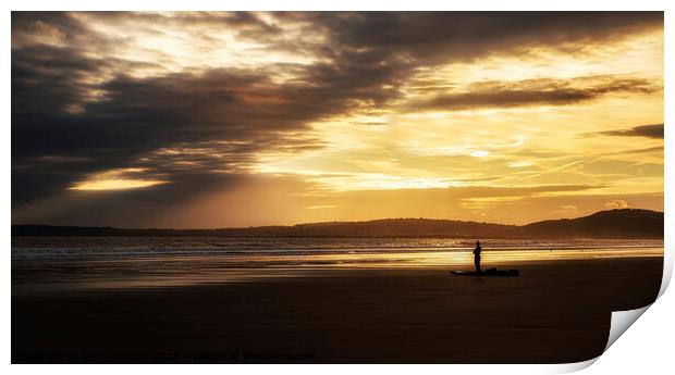 Surfer looking out to sea at Aberavon beach Port Talbot Print by Jenny Hibbert